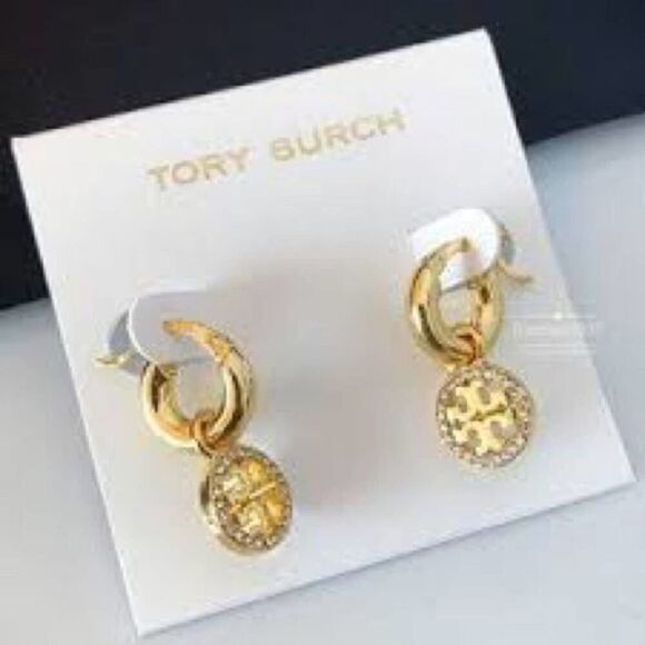 Tory Burch Gold Logo Pave Circle Hoop Dangle  Earrings - Picture 1 of 5